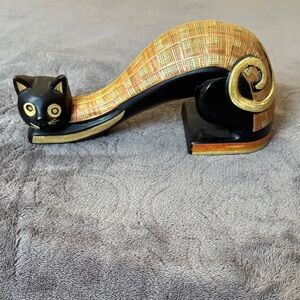 Cat Handcrafted Black & Gold Curled Cat Figurine Egyptian Style 8” Long